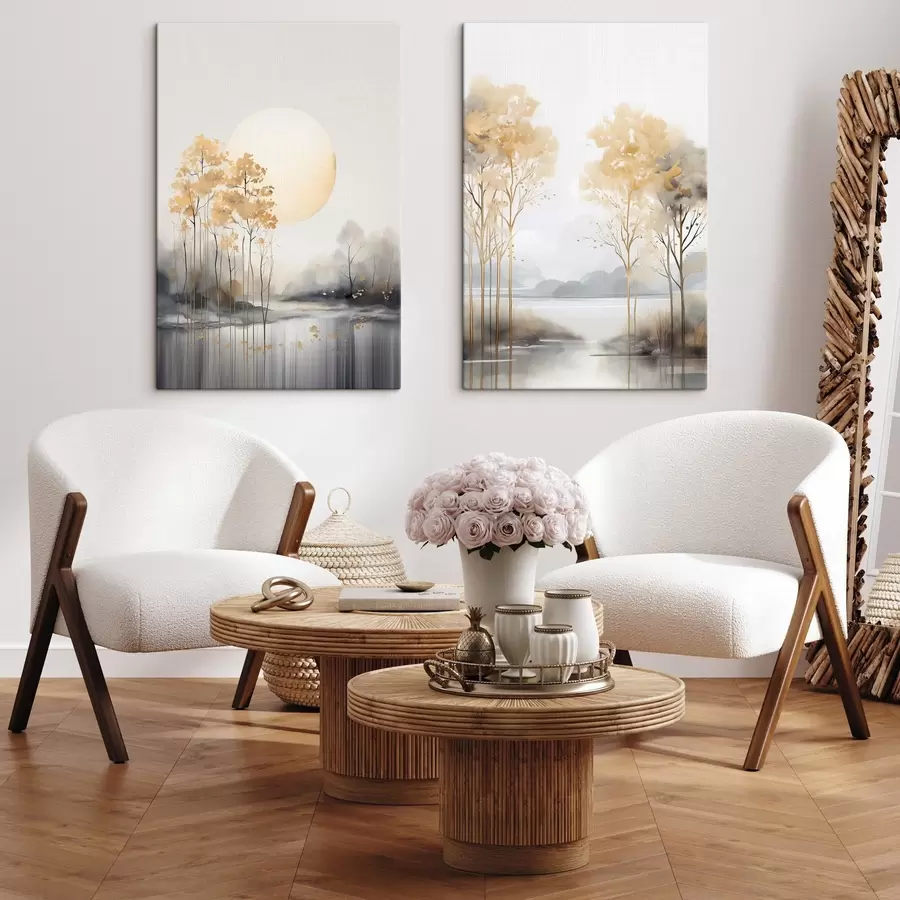 Картина Декоративний абстрактний пейзаж, високі дерева з жовтим листям, річка і туман на задньому плані m01115