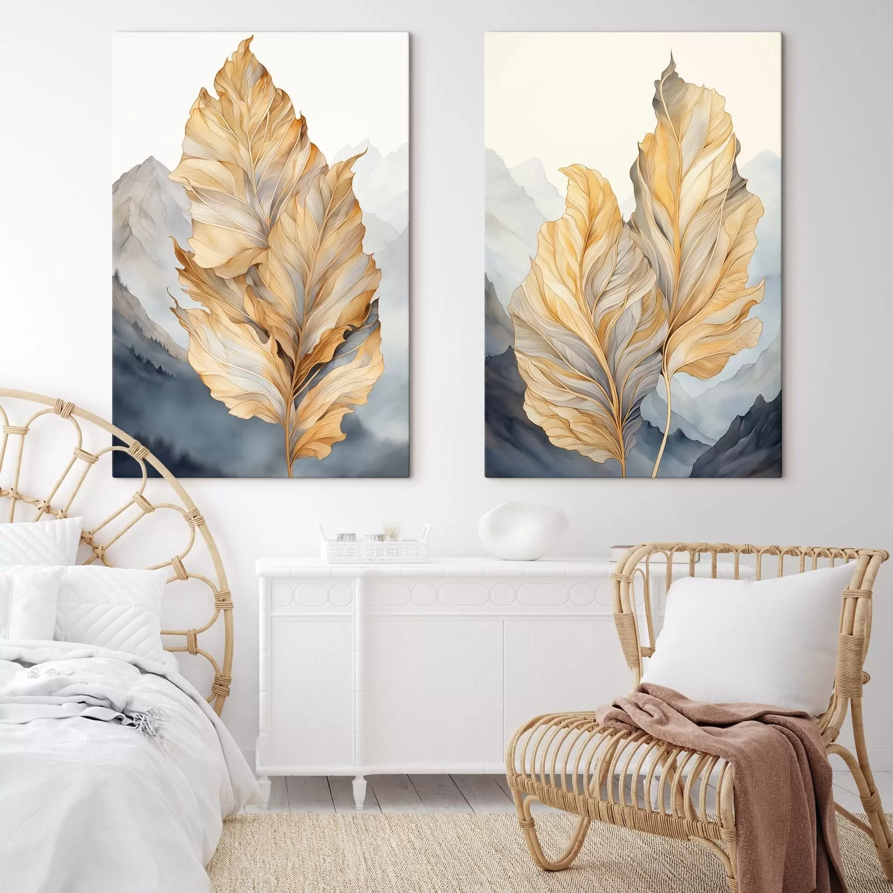 Картина Абстрактні великі жовті та коричневі листя зі складними деталями на тлі гірського пейзажу m01119