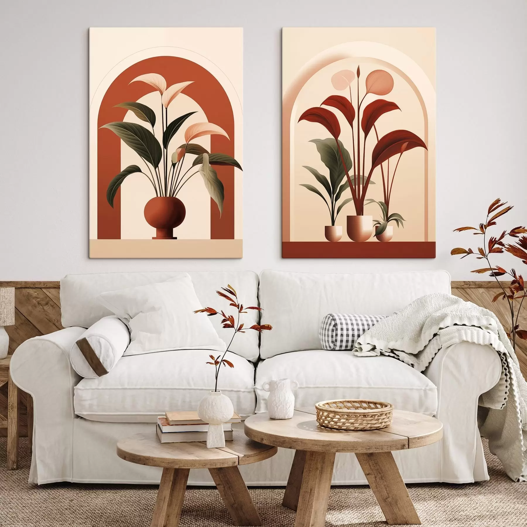 Картина Абстрактні рослини в горщиках з великими зеленими і червоними листям перед кремовою аркою m01124