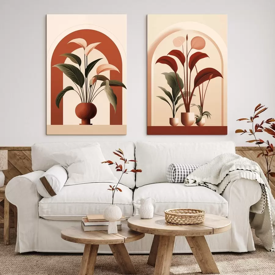 Картина Абстрактні рослини в горщиках з великими зеленими і червоними листям перед кремовою аркою m01124