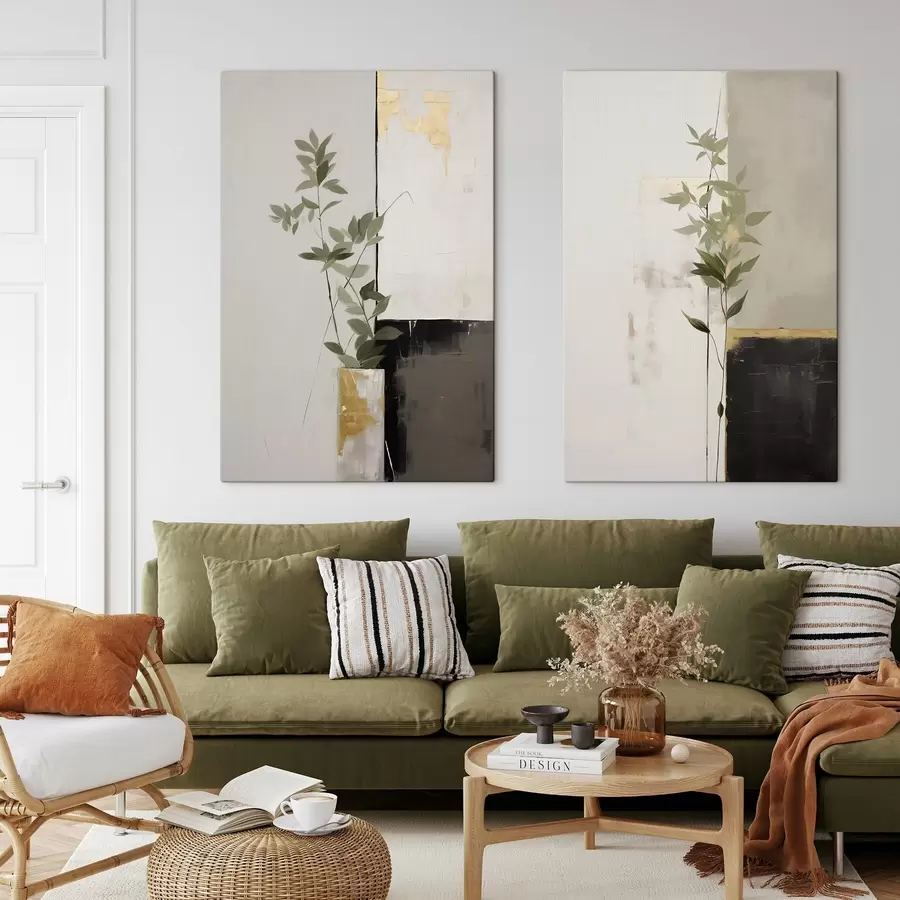 Картина Мінімалістична фактурна картина вази з зеленим листям на тлі абстрактних геометричних фігур m01126