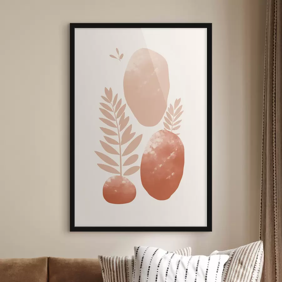 Картина Абстрактні форми, текстуровані камені та листя в приглушених персикових і теракотових тонах, мінімалістичний кремовий фон f47012