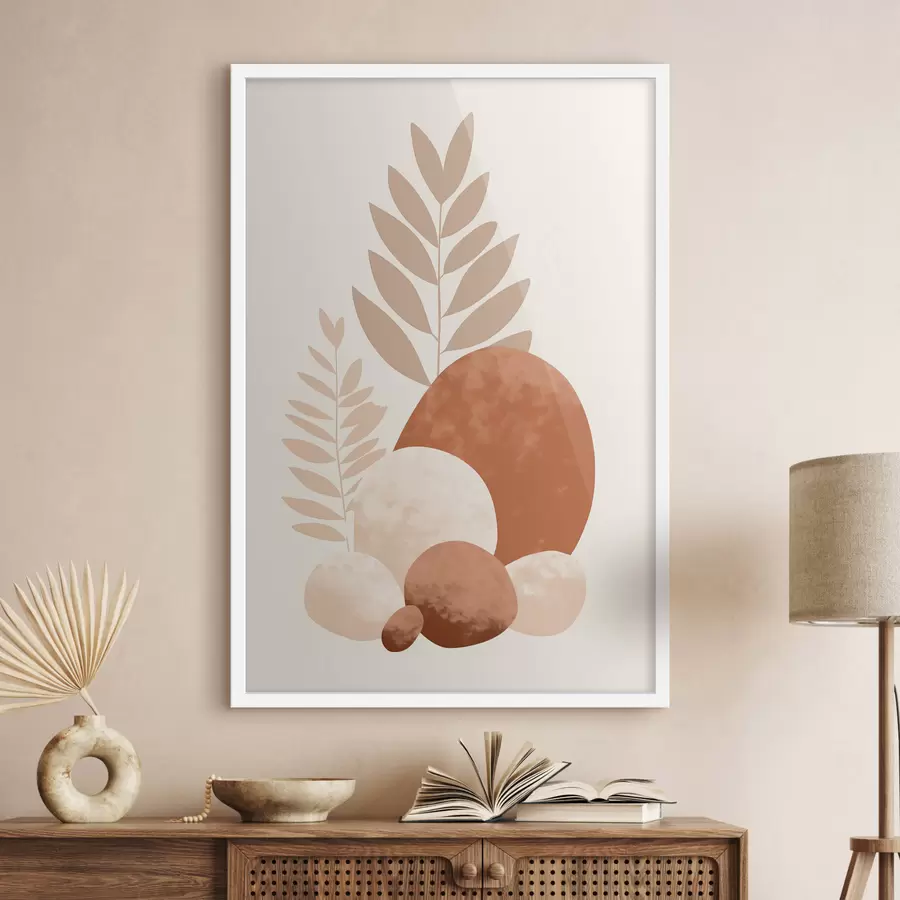 Картина Абстрактні форми, текстуровані камені та листя в приглушених персикових і теракотових тонах, мінімалістичний кремовий фон f47013