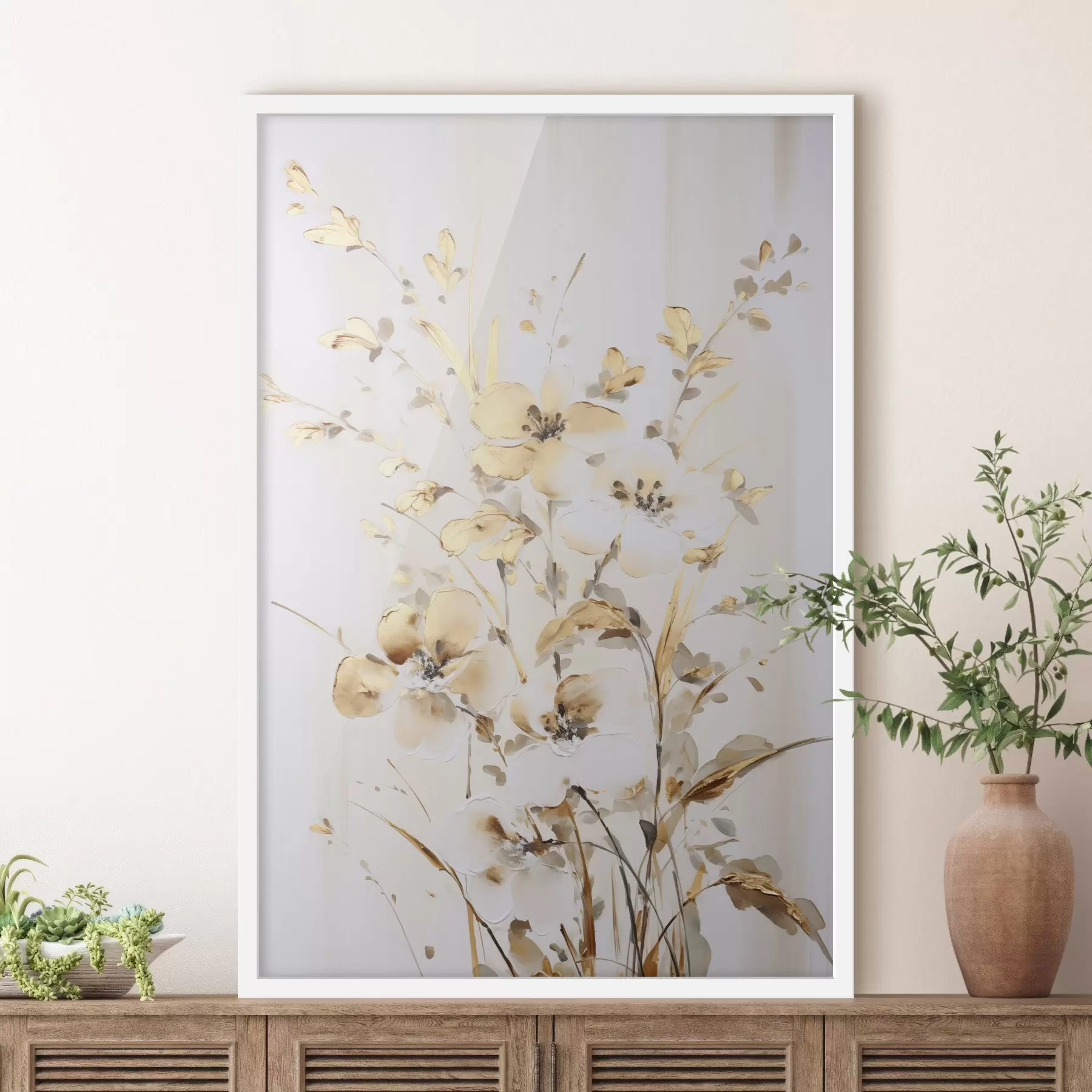 Картина Текстуровані жовті квіти та листя на білому тлі, з ніжними мазками пензля f47017