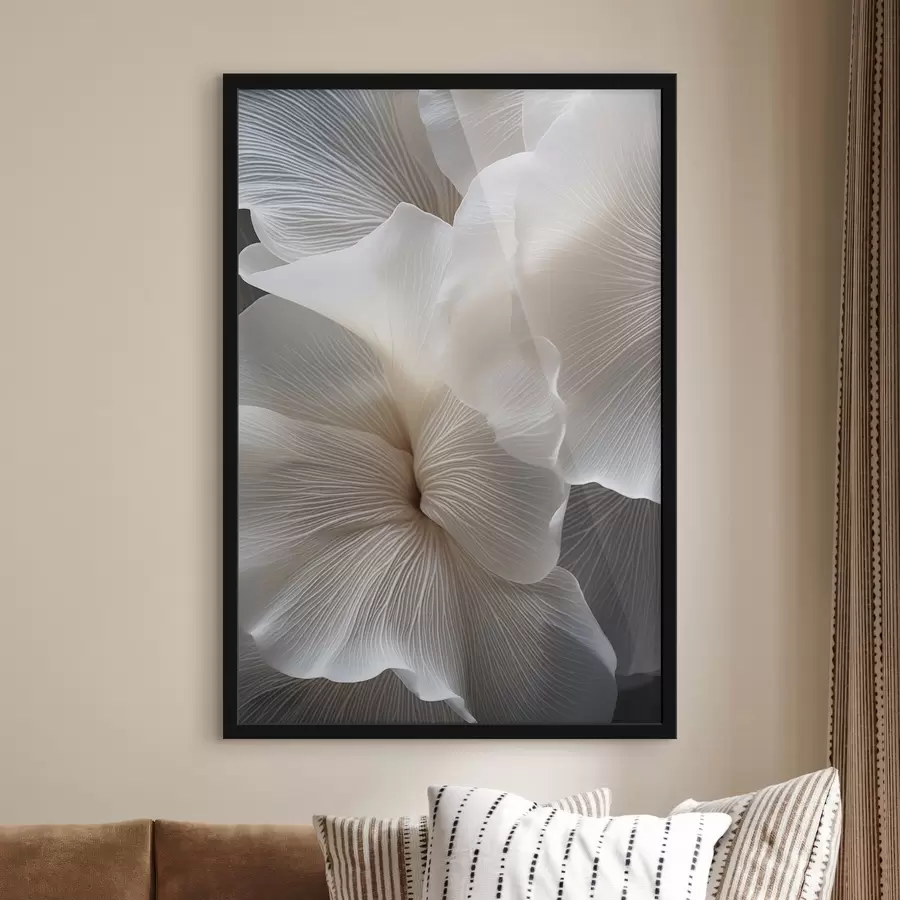 Картина Крупний план ніжних абстрактних білих квіткових пелюсток зі складними лініями та розмитим темним фоном f47019