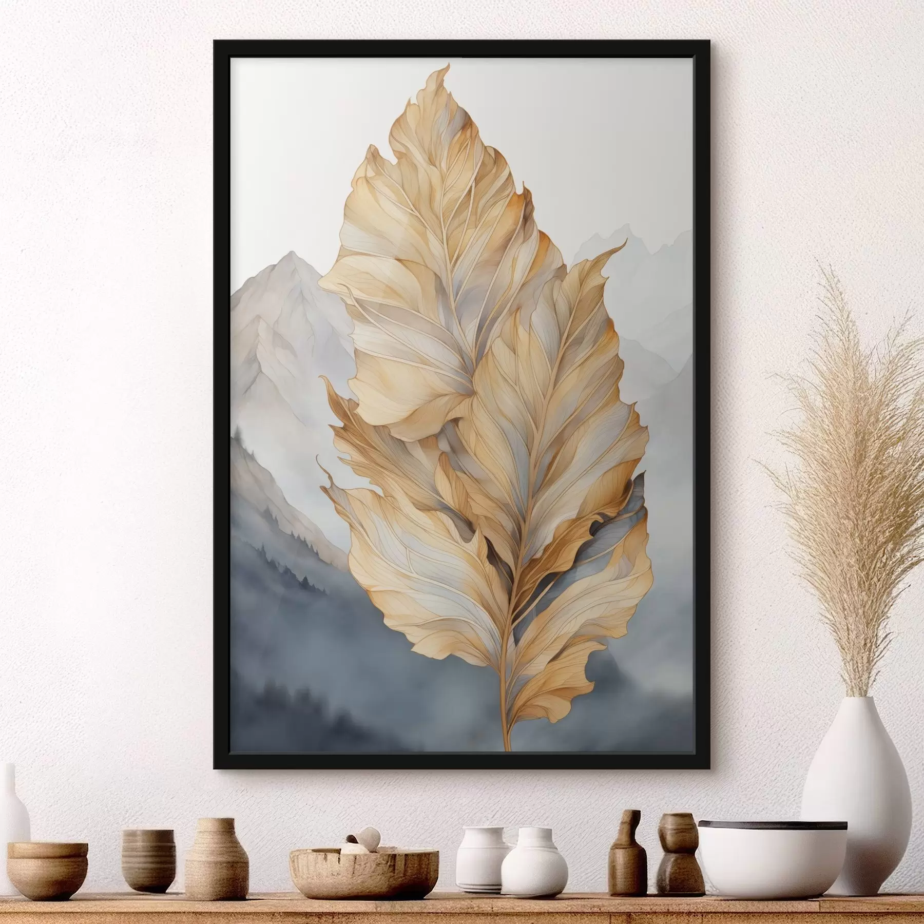 Картина Абстрактні великі жовті та коричневі листя зі складними деталями на тлі гірського пейзажу f47022