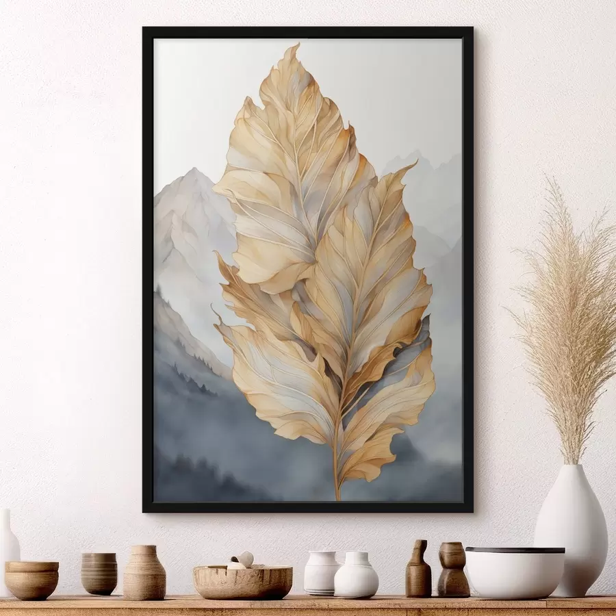 Картина Абстрактні великі жовті та коричневі листя зі складними деталями на тлі гірського пейзажу f47022