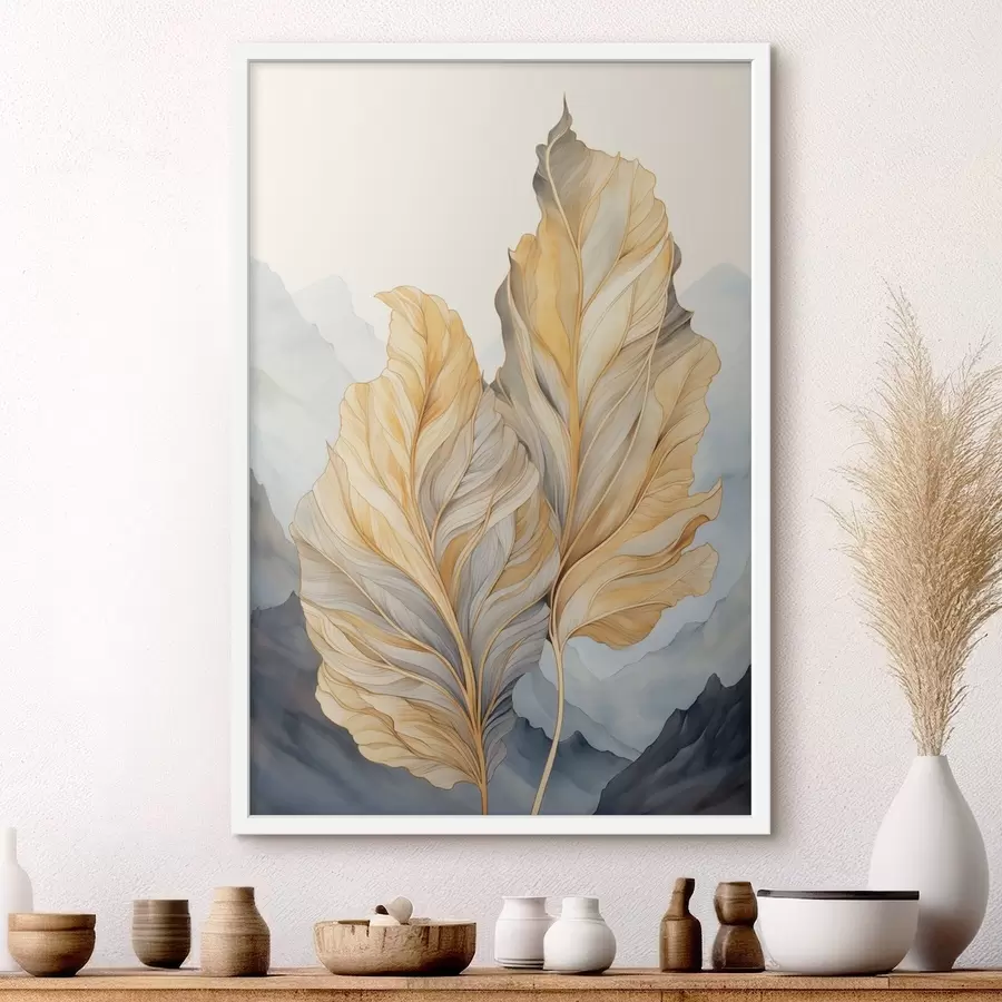 Картина Абстрактні великі жовті та коричневі листя зі складними деталями на тлі гірського пейзажу f47023