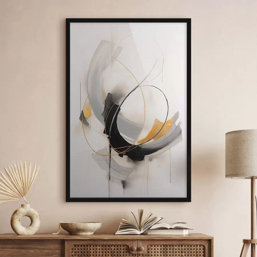 Картина Абстрактний живопис з імітацією жовтих, чорних і білих мазків, динамічні лінії f47035