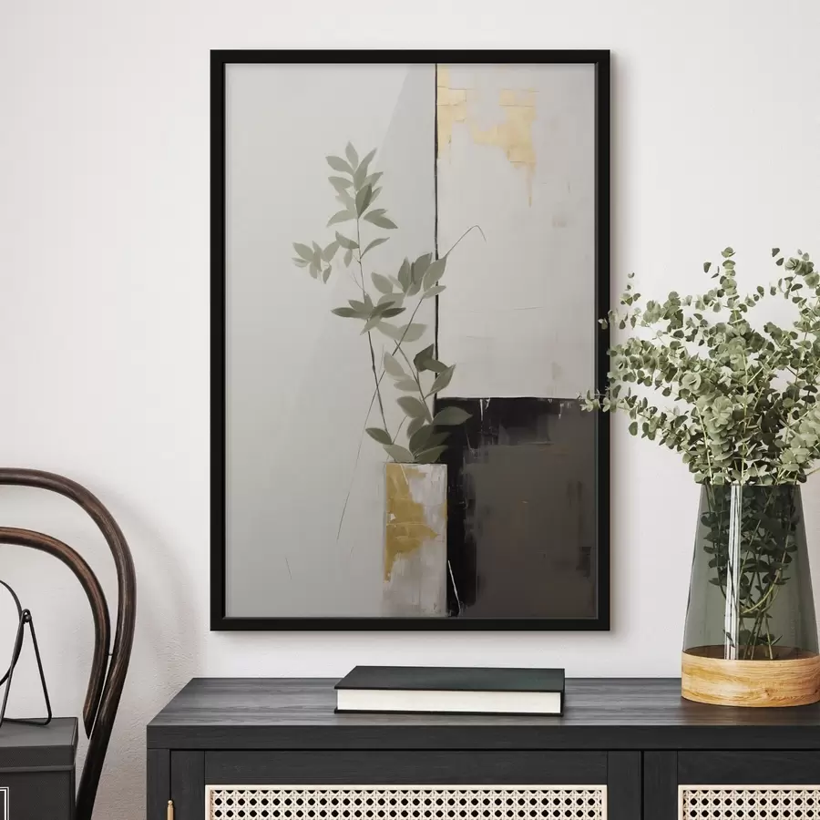 Картина Мінімалістична фактурна картина вази з зеленим листям на тлі абстрактних геометричних фігур f47036