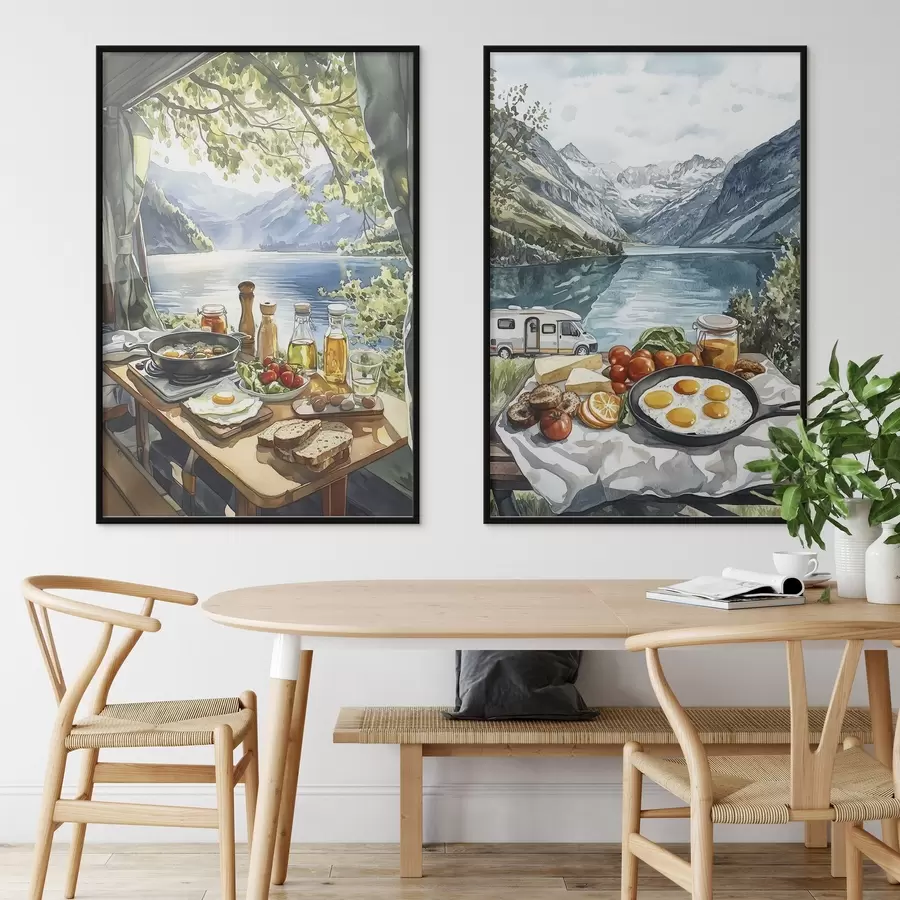 Картина Кемпінг, естетичний сніданок біля озера, акварельний стиль d00405