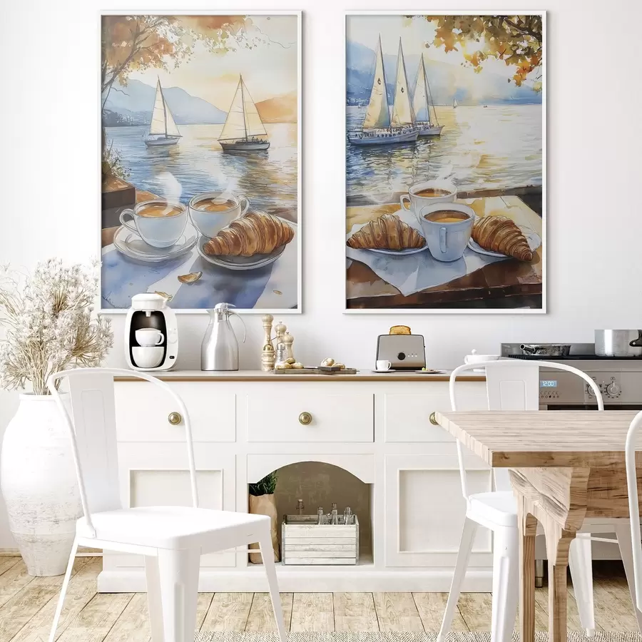 Картина Захід сонця на озері з підйомами кави, вітрильники, природа, подорожі d00407