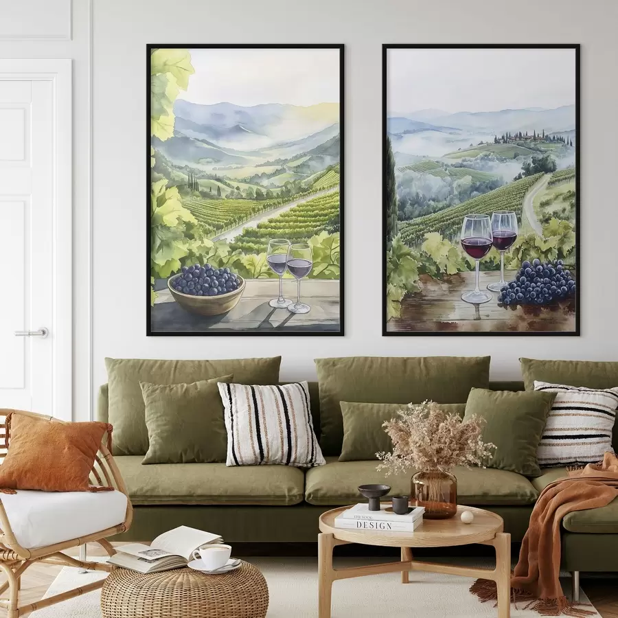 Картина Красиві тосканські пейзажі, виноградники, келихи для вина, акварельний стиль, Італія d00408