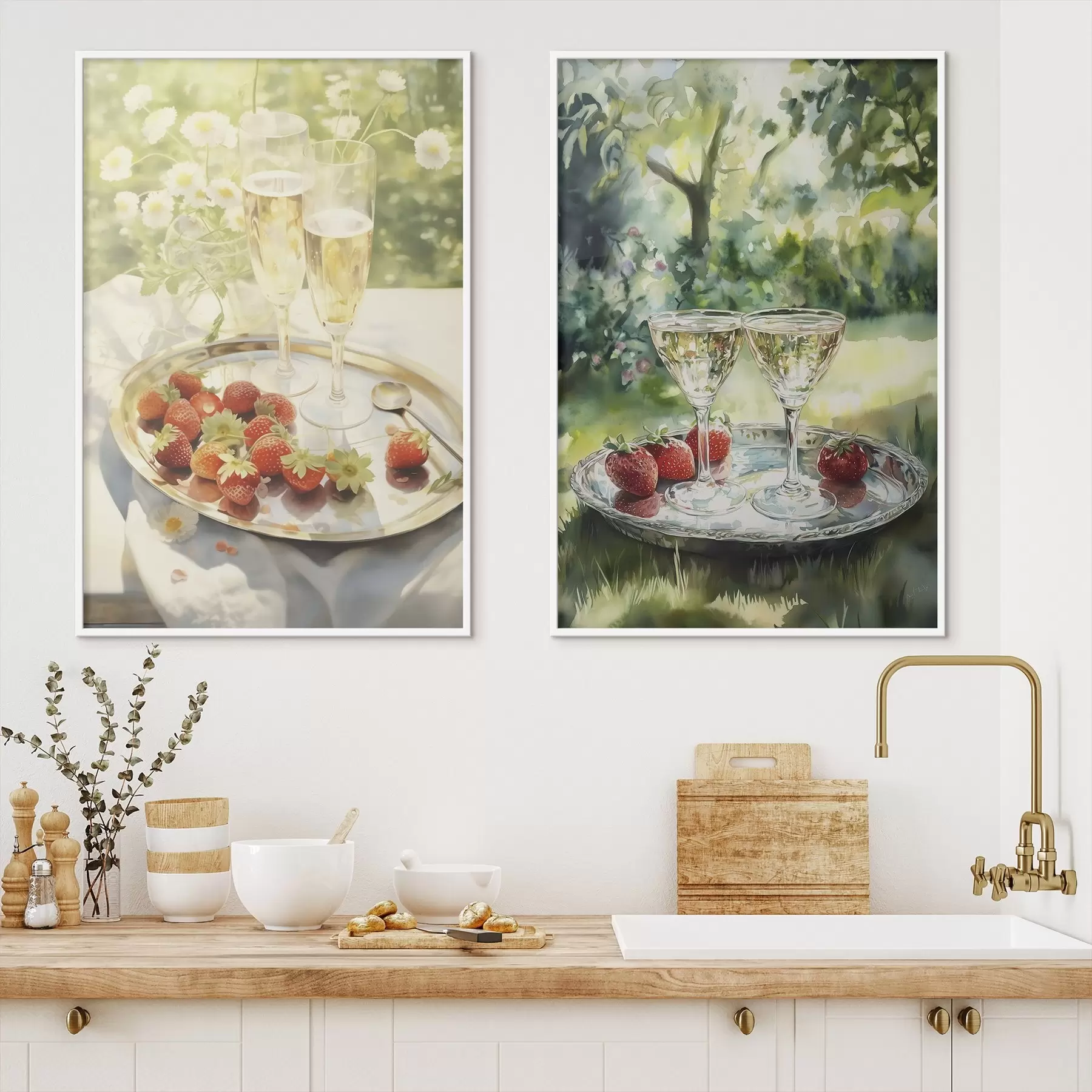 Картина Літній пікнік, келихи для шампанського з полуницею на підносі, квіти ромашки d00414