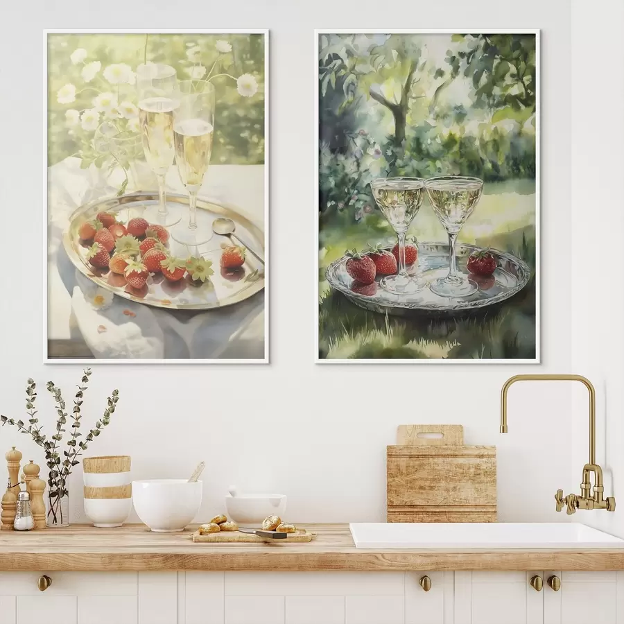 Картина Літній пікнік, келихи для шампанського з полуницею на підносі, квіти ромашки d00414