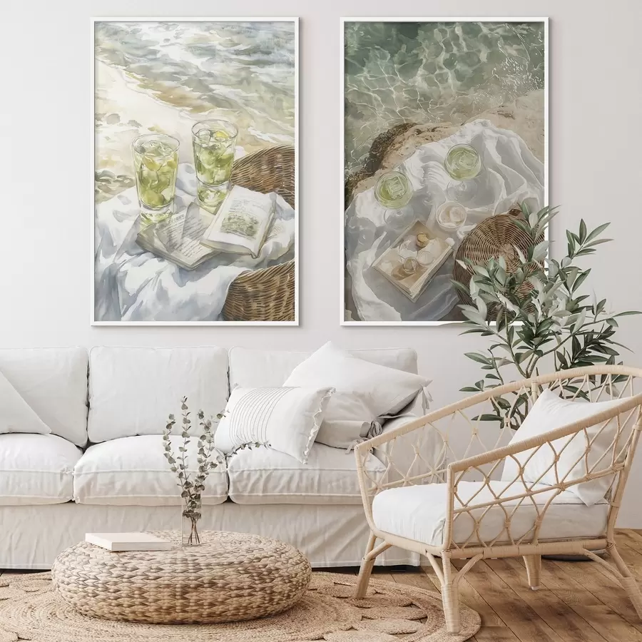 Картина Коктейлі на пляжі, акварельний малюнок, океан, літній пікнік d00417