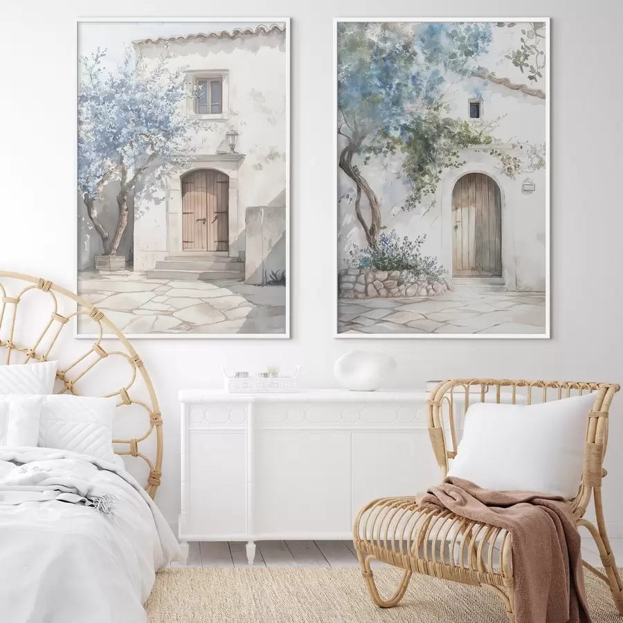 Картина Грецькі білі будиночки з квітучими деревами, середземноморський, акварельний малюнок d00419