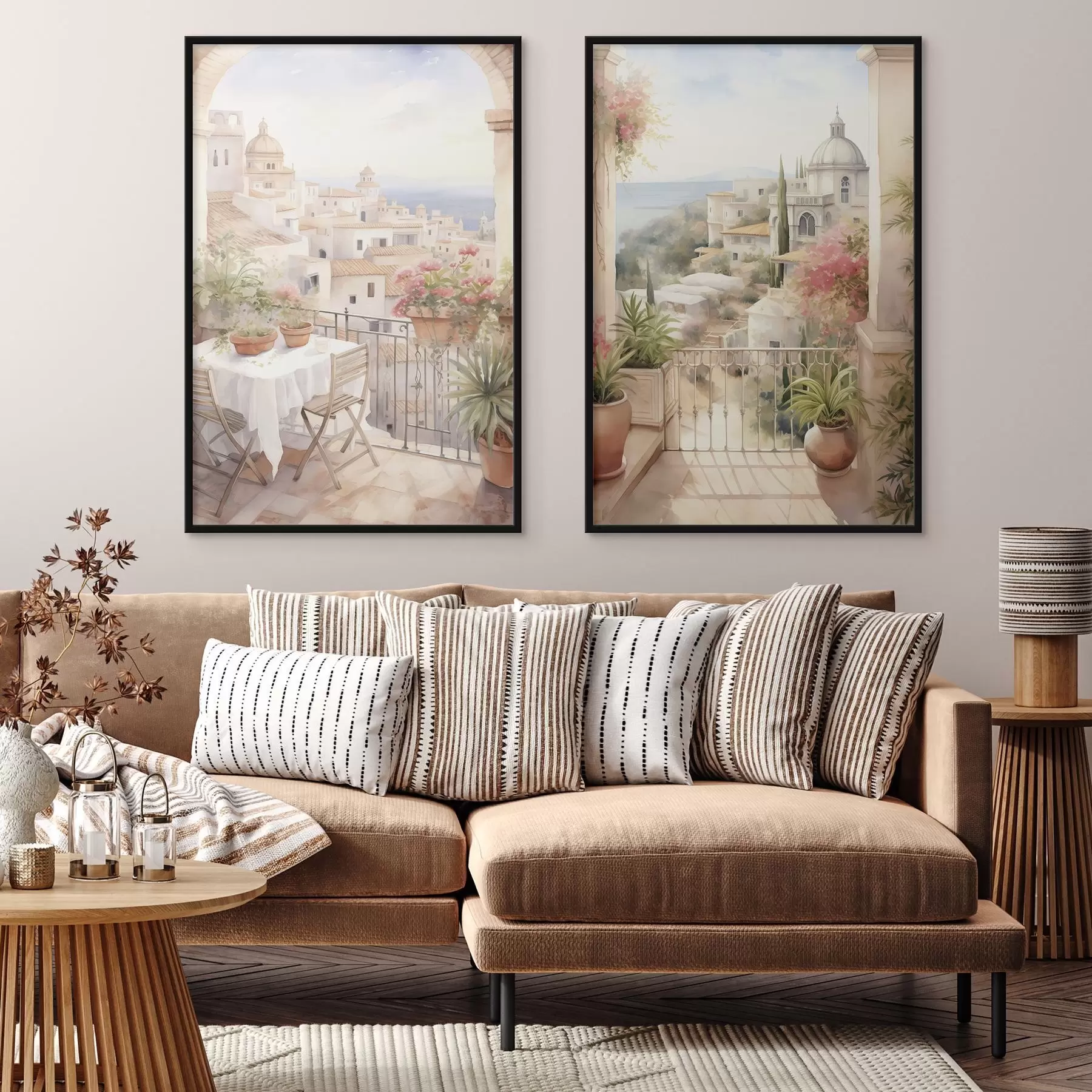 Картина Захід сонця на балконі, архітектура, квітучі квіти, акварельний стиль, середземноморський d00420