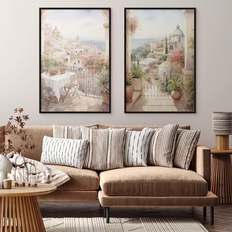 Картина Захід сонця на балконі, архітектура, квітучі квіти, акварельний стиль, середземноморський d00420