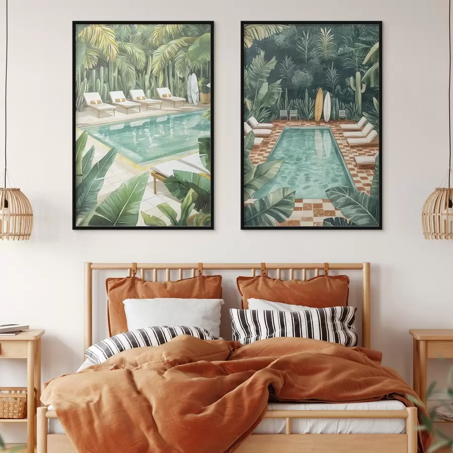 Картина Літній басейн, вінтаж, тропічний ліс, зелень, пальми, акварельний стиль d00422