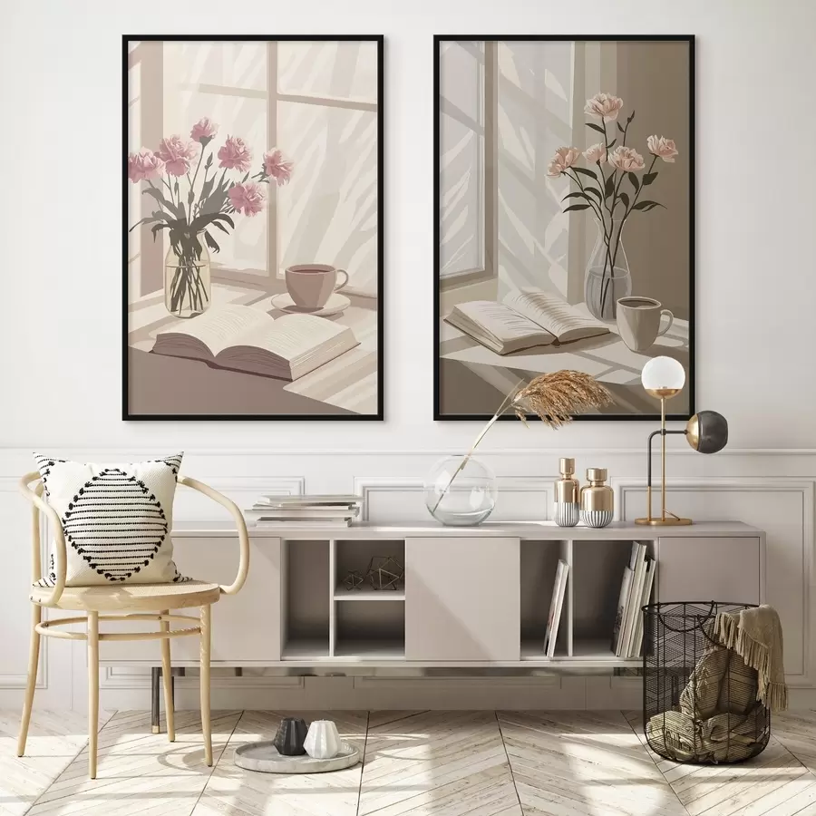 Картина Абстракція, ранкова естетика, філіжанка кави, книга, квіти d00448