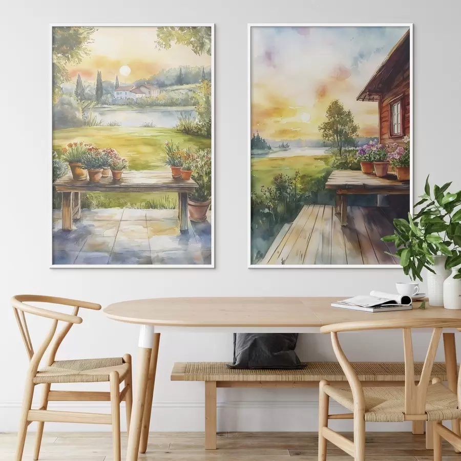 Картина Літнє село, захід сонця, сільський, квіти, озеро, акварель d00449