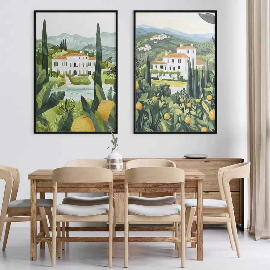 Картина Середземноморські пейзажі з деревами та будинками, морське узбережжя, Іспанія d00450