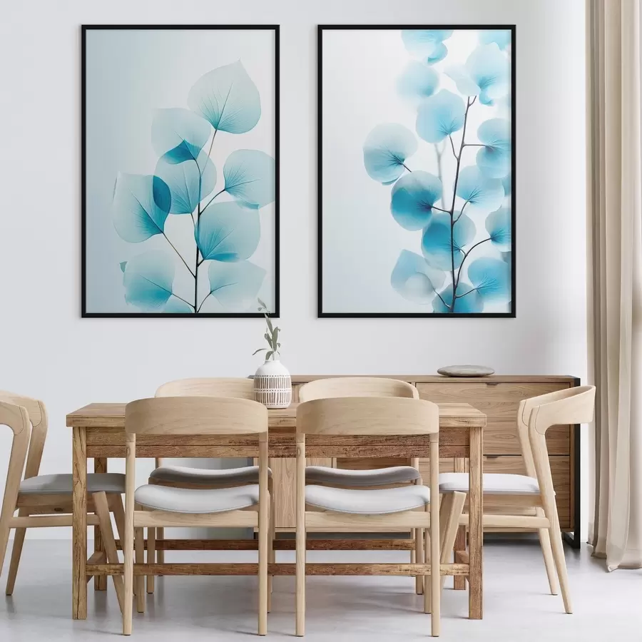 Картина Гілка з напівпрозорим блакитним листям, видно тонкі прожилки, легка і спокійна композиція, мінімалістична естетика d00522