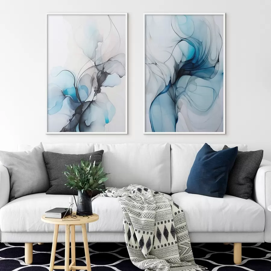 Картина Абстрактна композиція з плавними лініями та напівпрозорими пелюстками у відтінках синього, білого та бежевого, імітація спиртового чорнила d00523