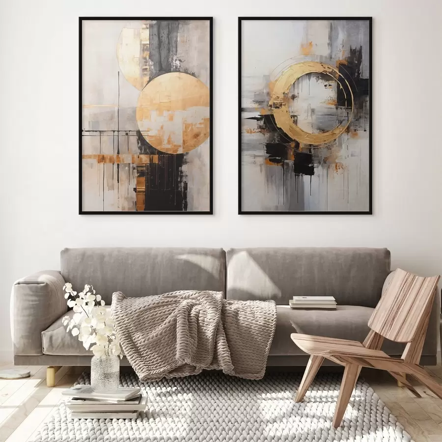 Картина Абстрактний живопис з колами, чорними та жовтими лініями та тлом з сірими та білими тонами d00527