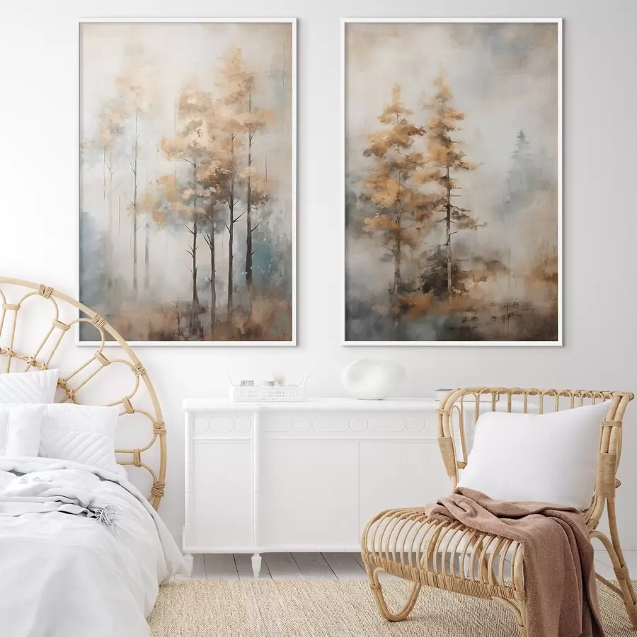 Картина Текстуровані високі дерева з жовтим листям у лісі, фон - суміш м'яких блакитних і коричневих тонів d00528