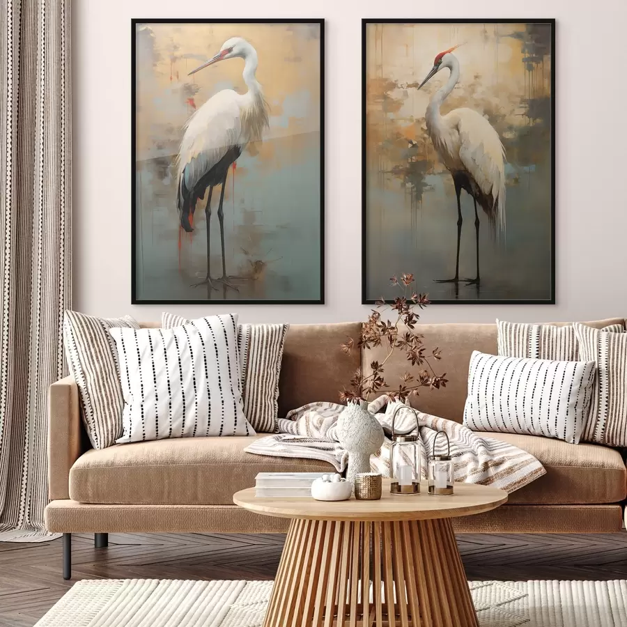 Картина Біла чапля на тлі приглушених жовтих, коричневих і синіх відтінків, що нагадують туманний, абстрактний пейзаж d00530