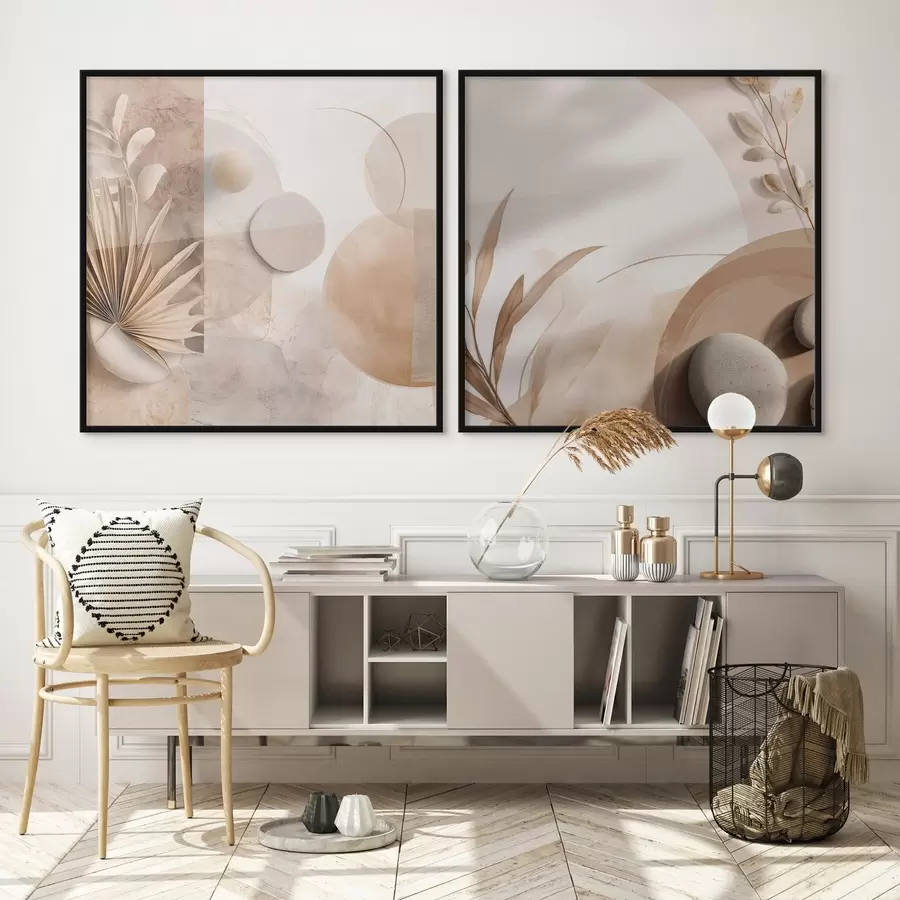 Картина Два полотна з сухим листям і фактурними фігурами d00893