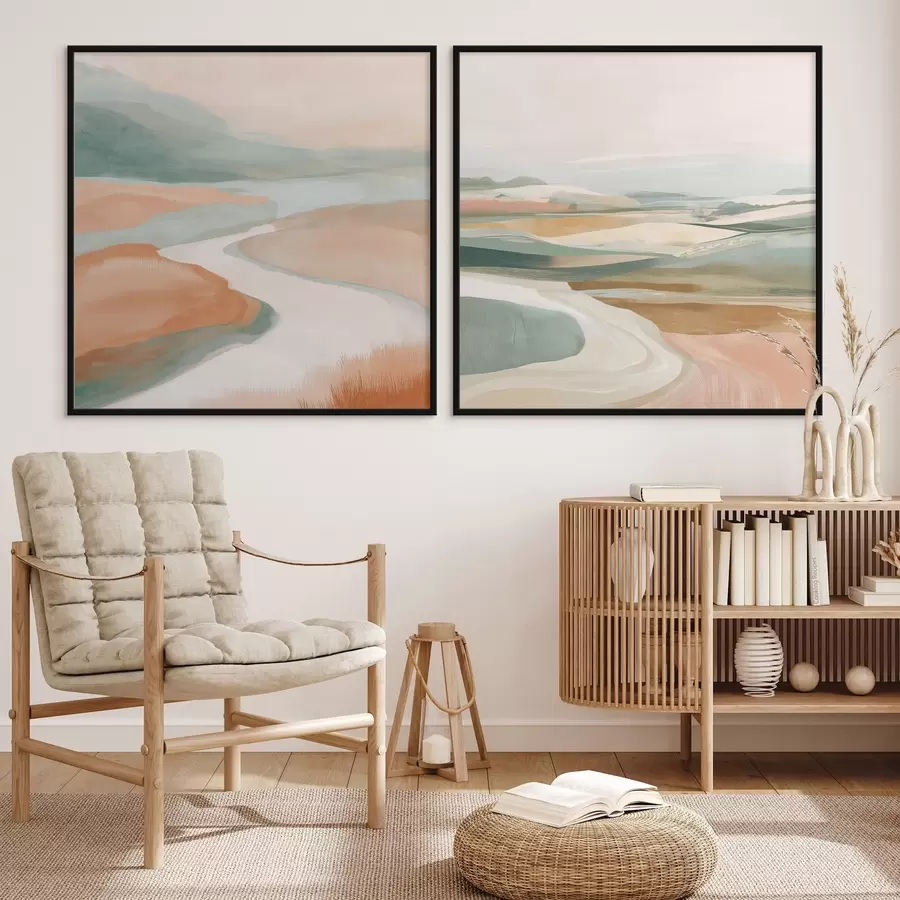 Картина Абстрактні пагорби та річка в пастельній гамі кольорів d00896