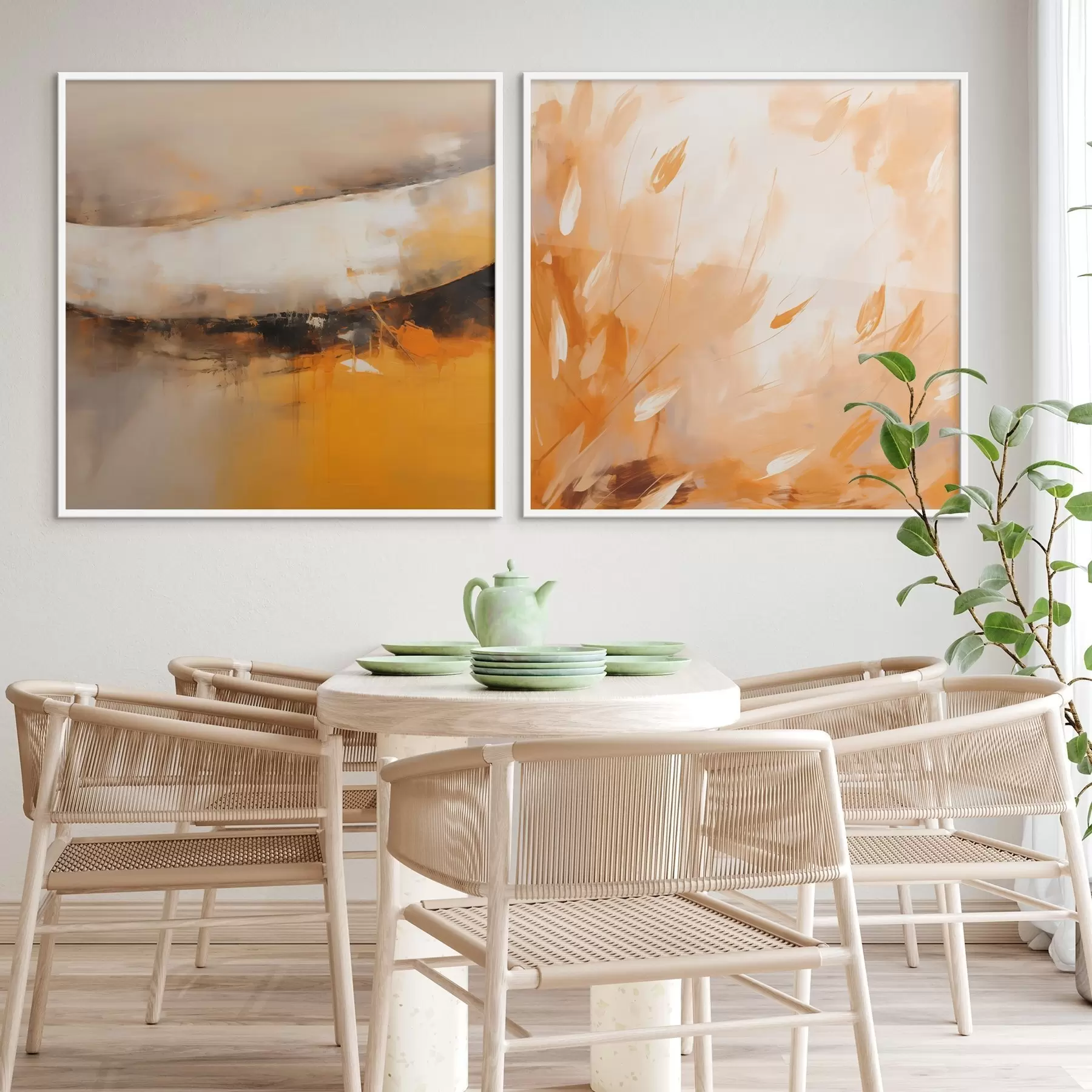 Картина Абстрактний диптих в олійному стилі з жовто-помаранчевими та чорними тонами d00897