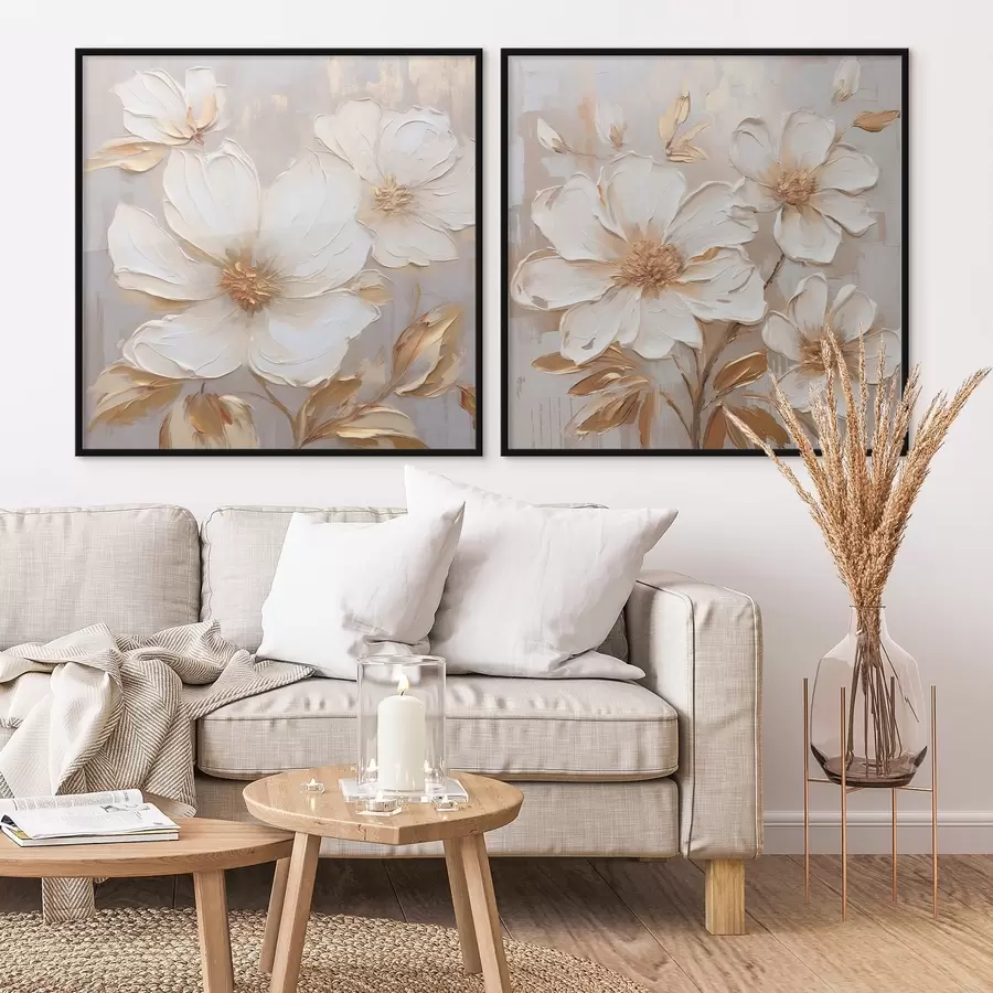 Картина Диптих з великими квітами в світлих теплих тонах d00927
