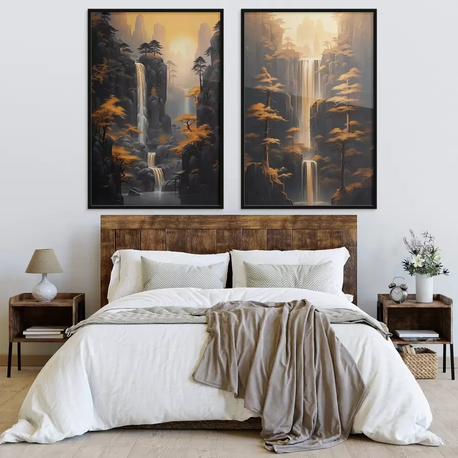 Картина Пейзаж з водоспадом і горами в золотому світлі d00928
