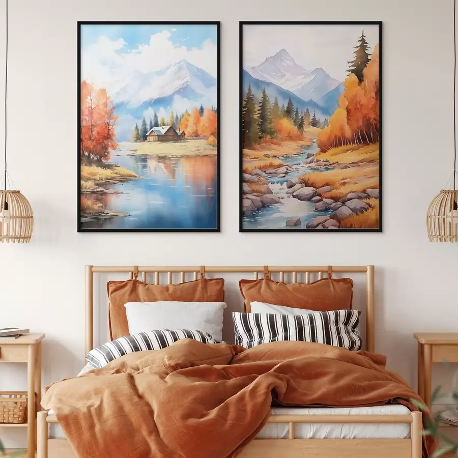 Картина Осінній гірський пейзаж з озером і річкою d00929