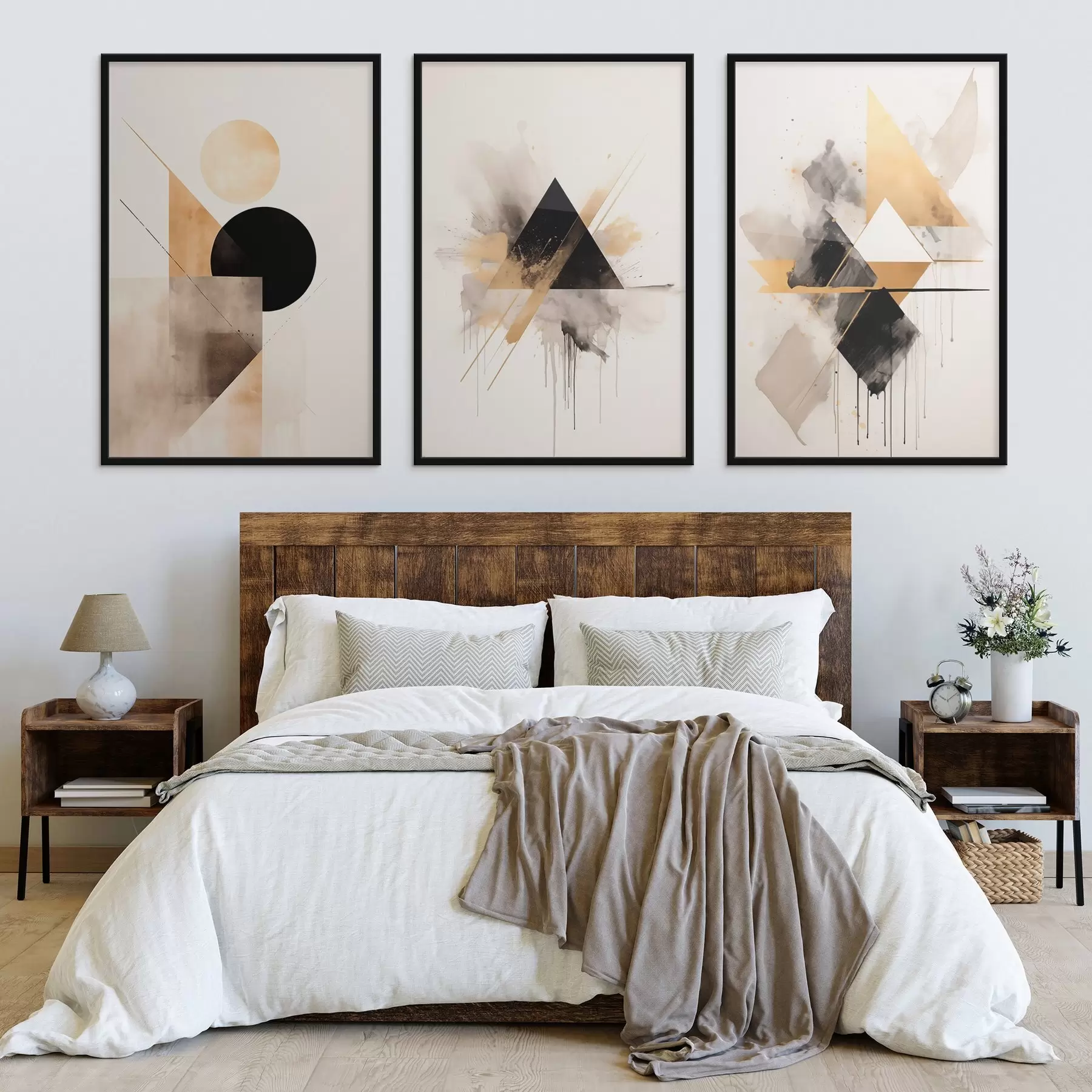 Картина Геометричні трикутники з бризками чорнила, чорні та охристі d00963