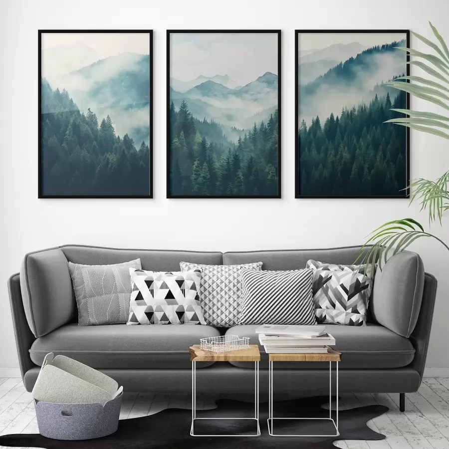 Картина Туманні соснові гори, вкриті м'якими відтінками зеленого та блакитного кольорів d00964