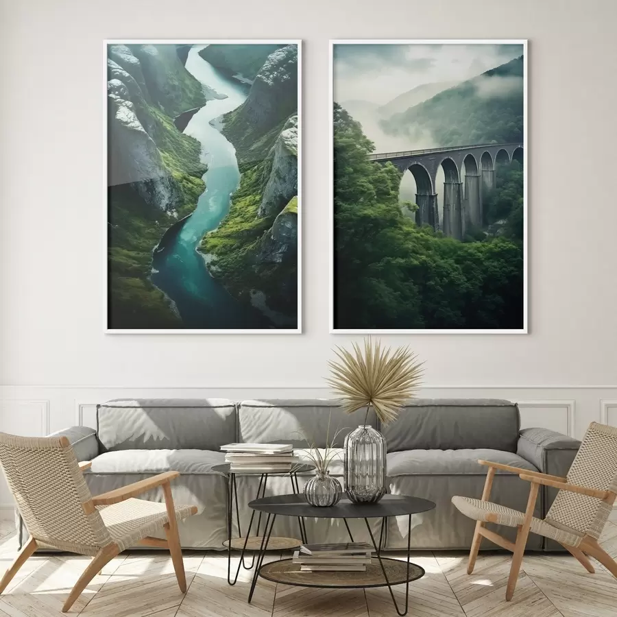 Картина Повітряний каньйон річки та туманний віадук серед зелених пагорбів d00967