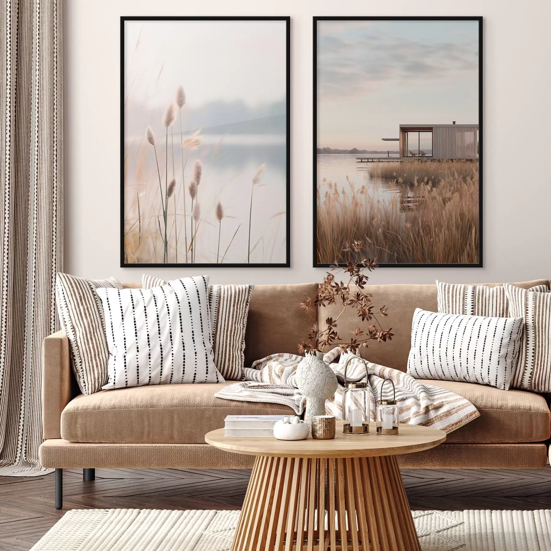 Картина М'які очерети біля спокійного озера і сучасна хатина на березі d00970