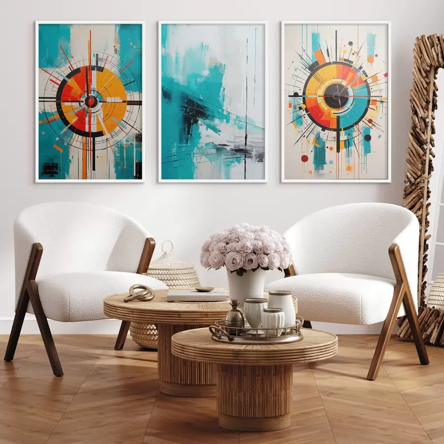 Картина Радіальний абстрактний малюнок з блакитними та помаранчевими сплесками d00973