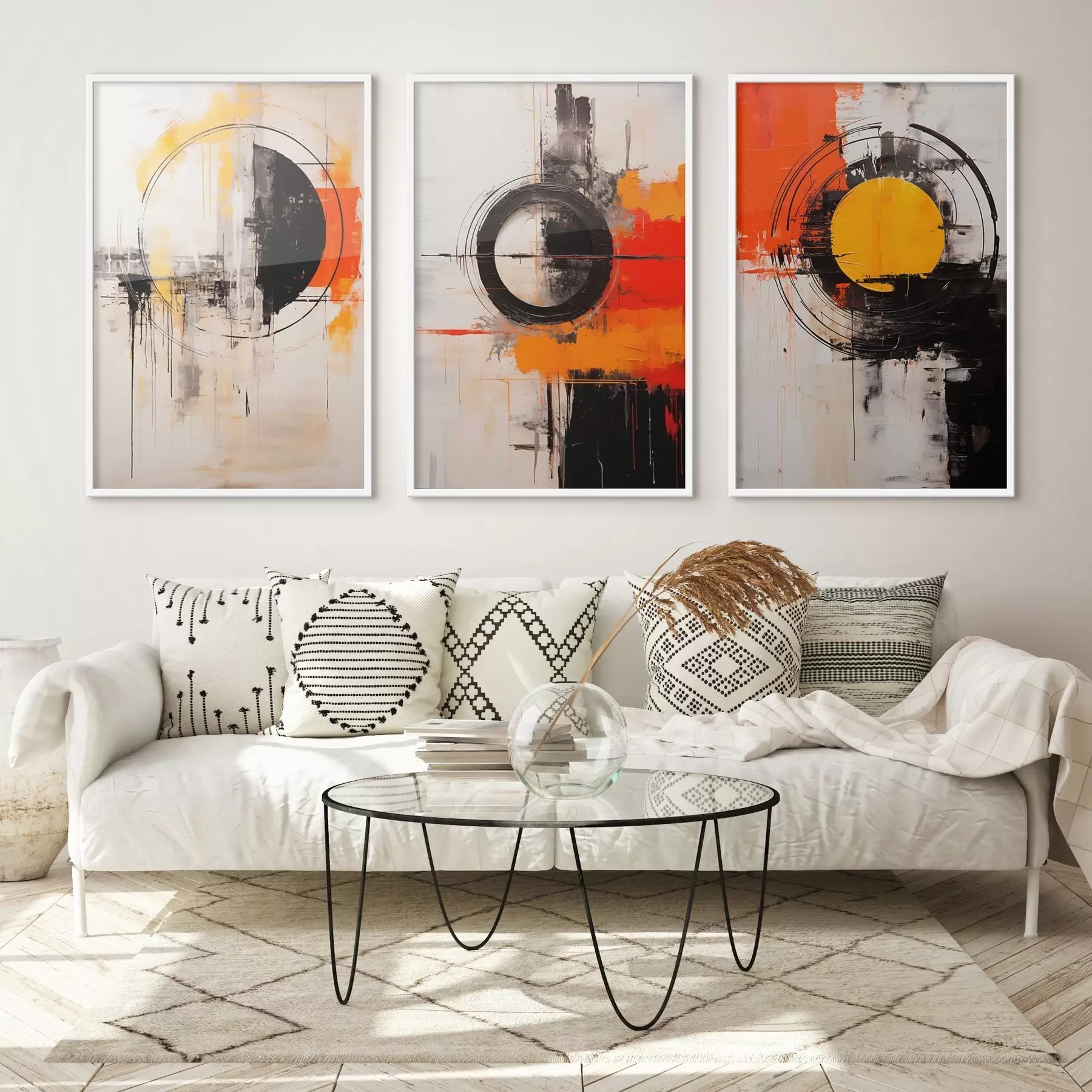 Картина Текстуровані кола та сміливі штрихи чорного, охристого та помаранчевого кольорів d00974