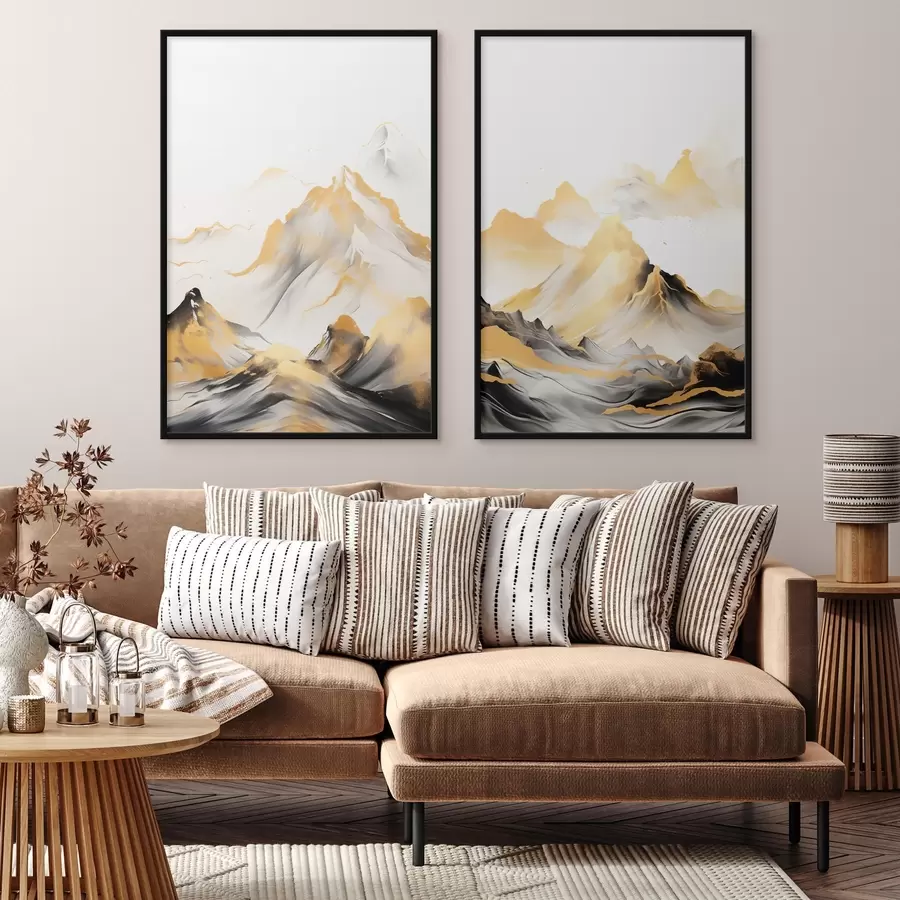 Картина Текстуровані жовті та чорні гори зі сніговими вершинами, стиль тушового живопису, мінімалістичний гірський хребет d01002
