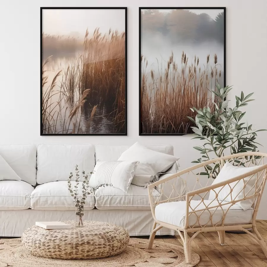Картина Високі очерети, що ростуть у водоймі, вода відбиває очерети, туманний фон, м'яке світло, природний пейзаж d01008