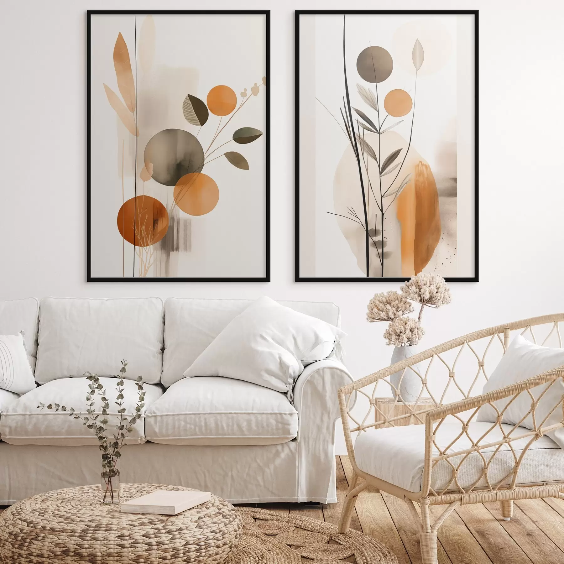 Картина Абстрактна імітація живопису з помаранчевими та сірими колами, листям і гілками, сучасний стиль, ефект акварелі d01009