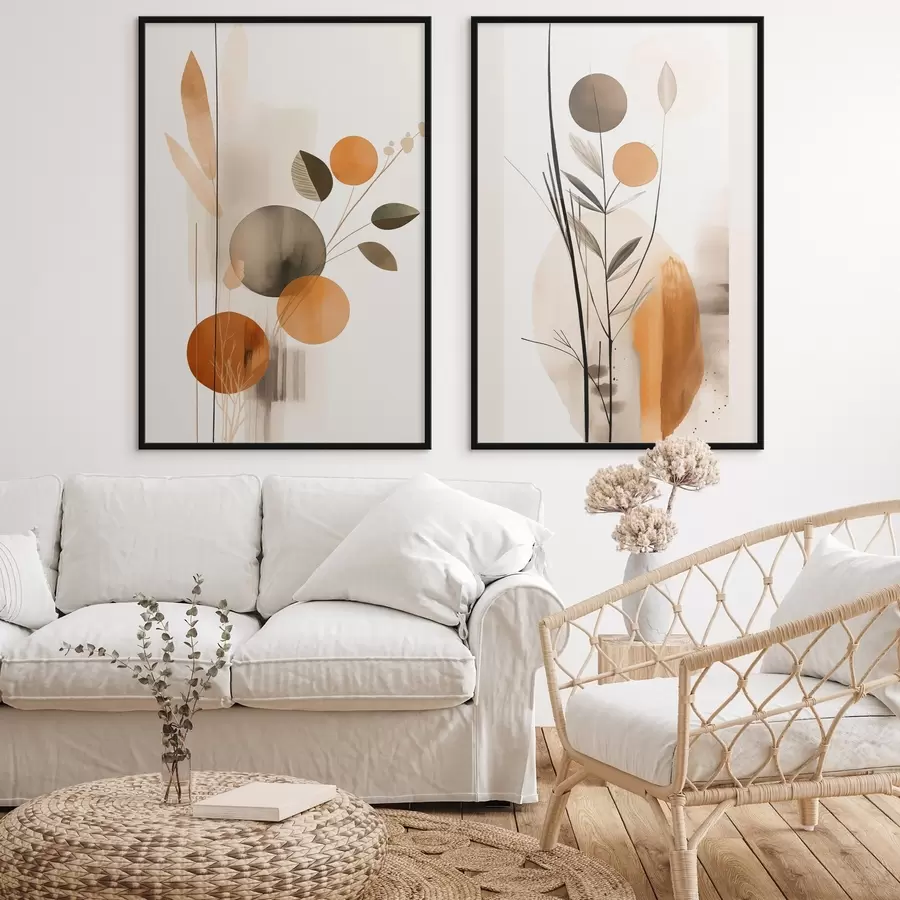 Картина Абстрактна імітація живопису з помаранчевими та сірими колами, листям і гілками, сучасний стиль, ефект акварелі d01009