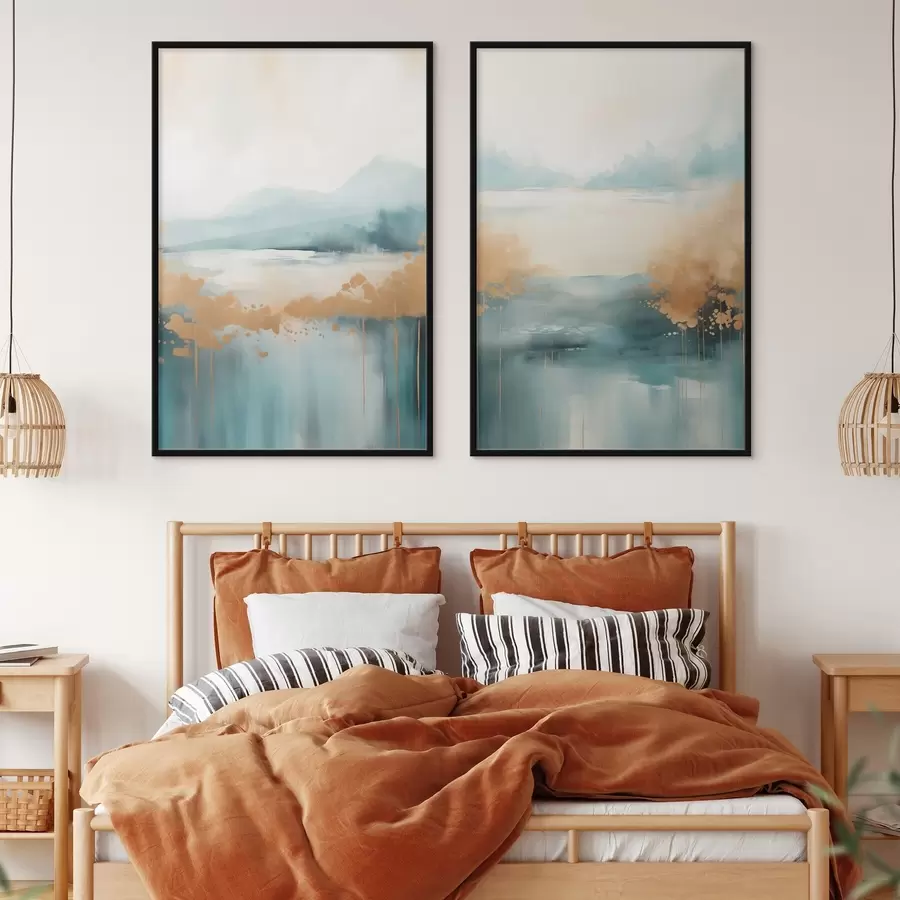 Картина Абстрактний пейзаж з горами та озером у кольорах бірюзового та текстурованого жовтого, м'які мазки пензлем, мінімалістичне мистецтво d01012