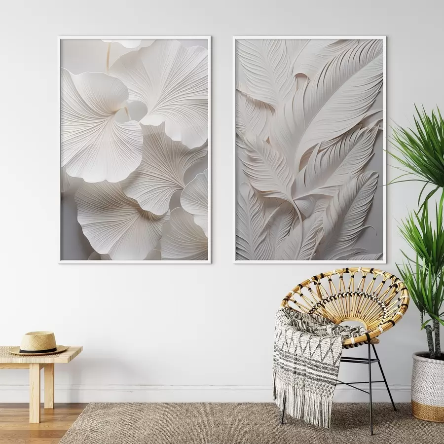 Картина Білі листя гінкго і довгі листя з витонченими деталями, що створюють ефект текстури і багатошаровості, мінімалістичне мистецтво d01013